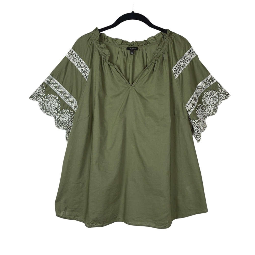 Talbots Womens Cotton Popover Embroidered Balloon Sleeve Top Size XLp Green